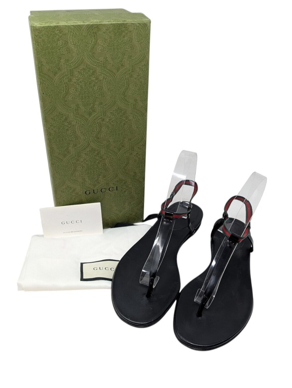 Gucci Black Green Red Striped Thong Leather Minimalist Flat Sandal Size 8 - Picture 10 of 10